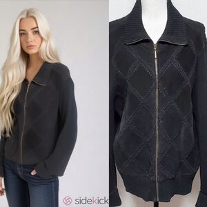 White Stag Vintage 90s Black Suede Patchwork Leather Ribbed Knit Sweater Jacket